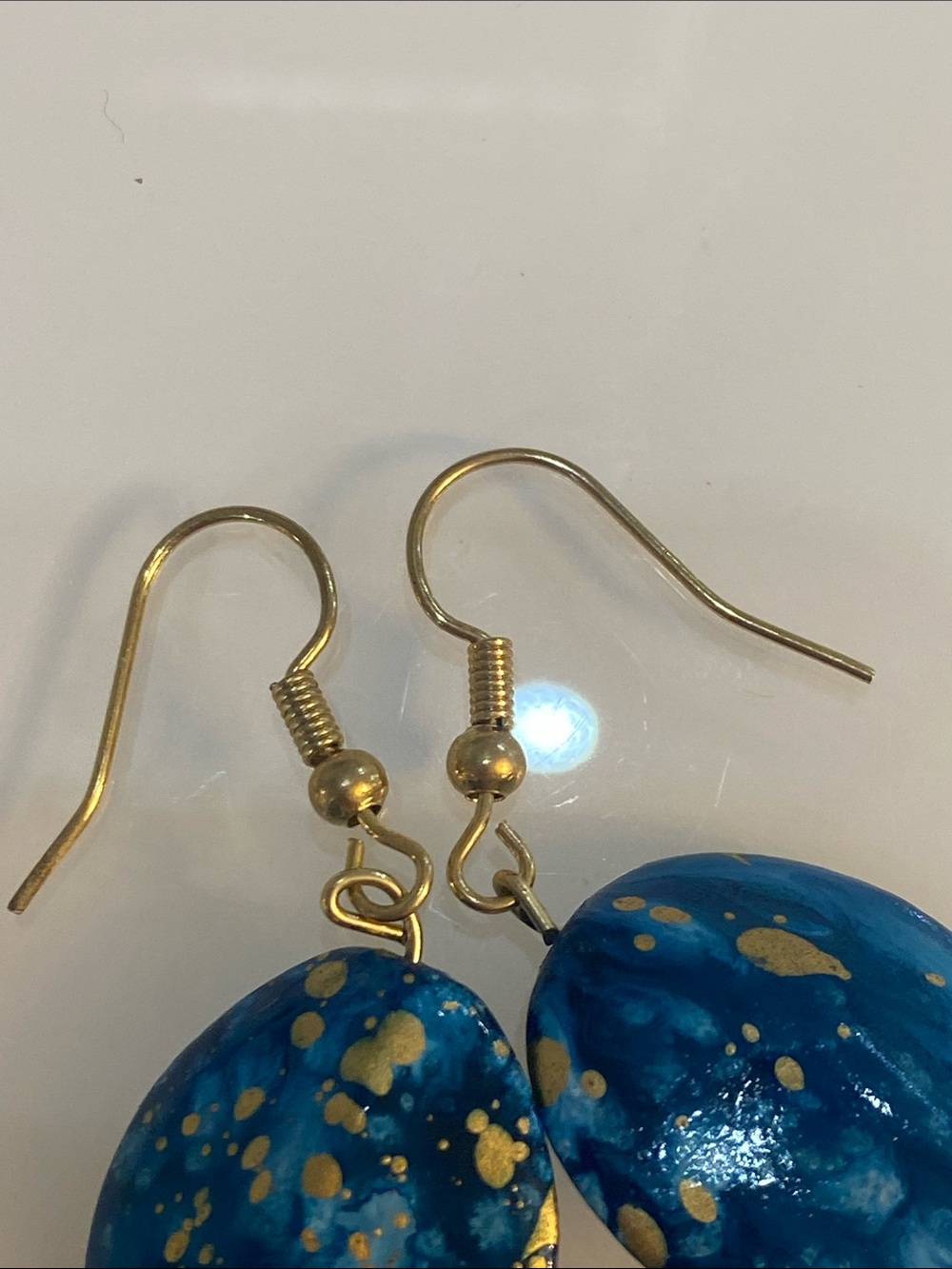 Blue Oval Drop Earrings with Gold Speckle - Picture 3 of 5